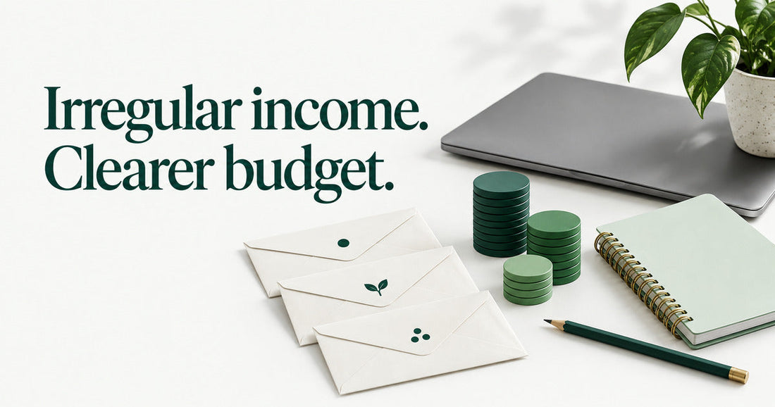 Irregular income, clearer budget: envelopes, green tokens and a planner beside a closed laptop.