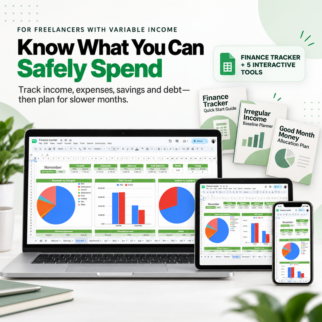 Finance Tracker Spreadsheet for freelancers with variable income shown on laptop, tablet and phone with supporting planning guides