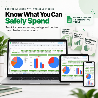 Finance Tracker Spreadsheet for freelancers with variable income shown on laptop, tablet and phone with supporting planning guides