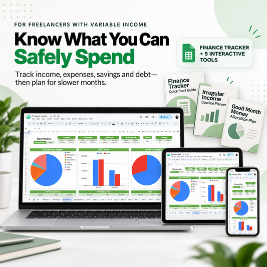Finance Tracker Spreadsheet for freelancers with variable income shown on laptop, tablet and phone with supporting planning guides