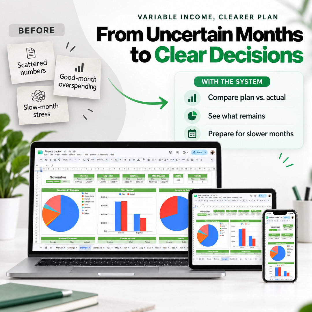 Before-and-after view of uncertain freelance income becoming a clearer monthly plan with the Finance Tracker