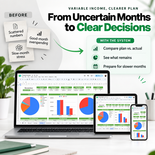 Before-and-after view of uncertain freelance income becoming a clearer monthly plan with the Finance Tracker