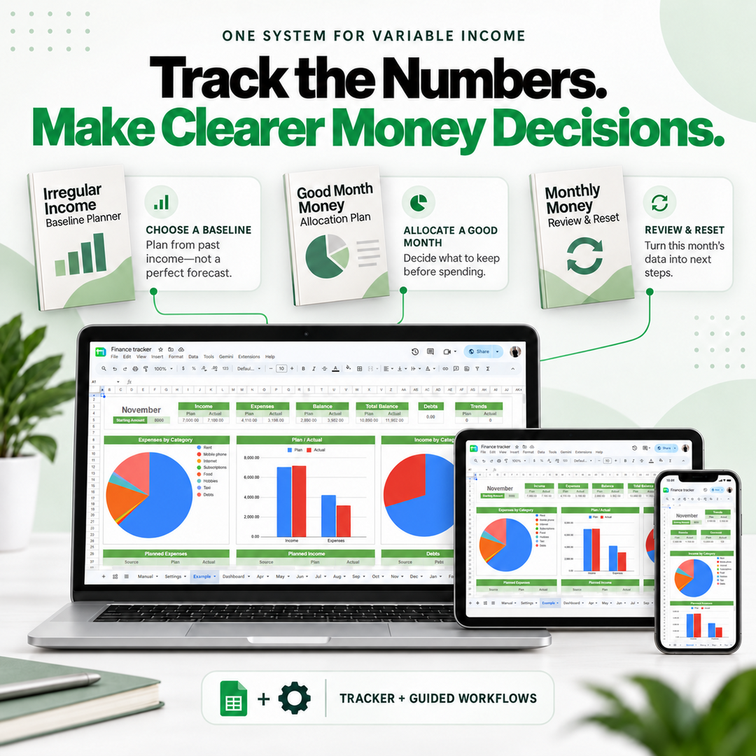 Finance Tracker Spreadsheet connected with income baseline, good-month allocation and monthly review tools
