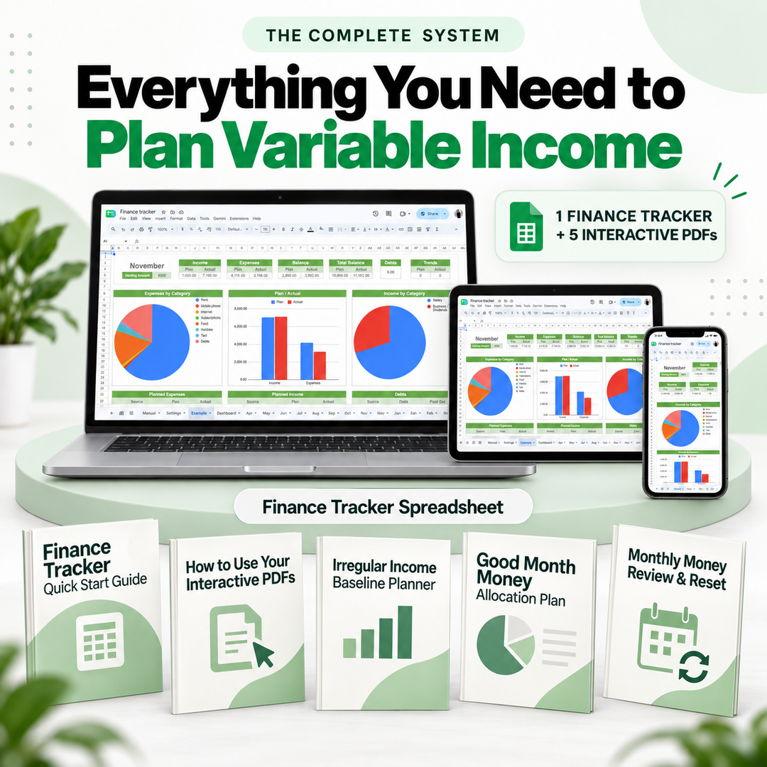 Complete Freelancer Income Stability System with Finance Tracker and five interactive PDF tools