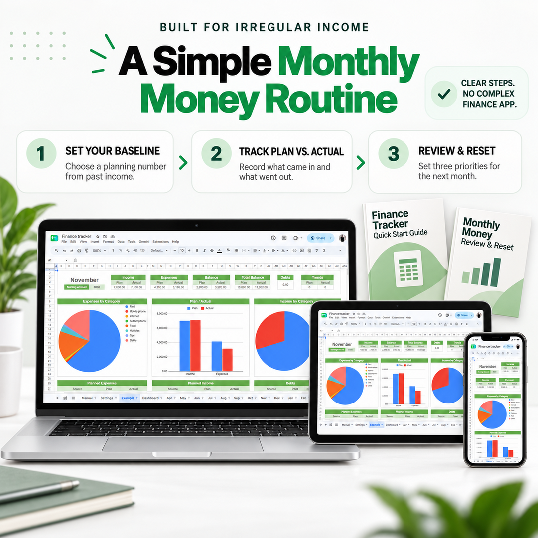 Three-step monthly money routine for setting a baseline, tracking plan versus actual and reviewing priorities